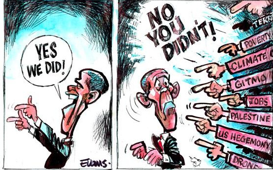 Evans cartoon: Obama:"yes we did"; the promises: "No you didn't"